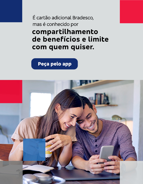 #BradescoAcessível #PraTodoMundoVer
              Texto: É cartão Bradesco, mas é conhecido por parcelamento pós-compra internacional. Parcele sua compra feita à vista em moeda estrangeira direto no app Bradesco Cartões e receba na fatura um crédito equivalente ao IOF da compra.* Botão: Saiba mais. Texto legal: *Parcelamento elegível para o titular. A contratação está sujeita à análise de crédito. Válido para compras à vista realizadas até 31/12/2024.“ Saiba mais
              Descrição da imagem: A peça publicitária é divida em duas partes. À direita, vemos a foto de uma mulher sorridente, segurando e olhando para um smartphone. Ela está vestindo uma um blazer bordô e uma camisa branca. À esquerda da peça, vemos um fundo cinza, com elementos gráficos nas bordas e o texto, seguido do botão e texto legal, sobreposto.